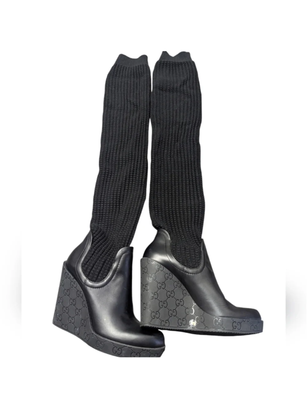 3X HP. GUCCI Black Leather GG Aspen Wool Babylon Knee High Wedge Boots